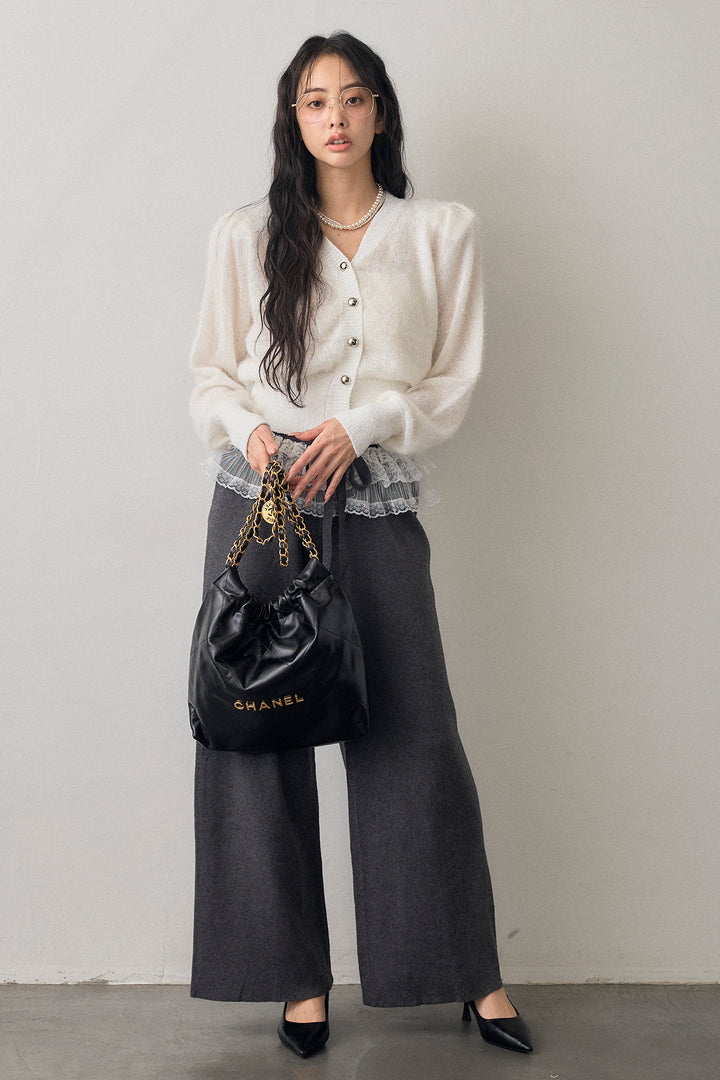 [予約/SET]コンシャスショルダーシャイニーニットカーデ+ウエストレースニットストレートパンツ(2set)