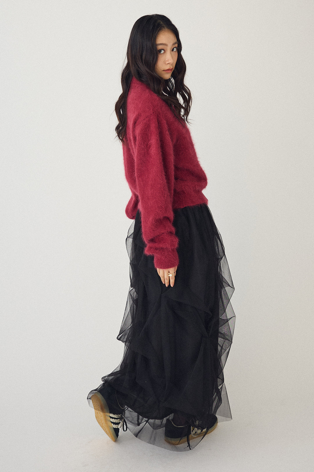 [予約/SET]ウールソフトカーディガン+マルチパターンタックチュールスカート(2set)