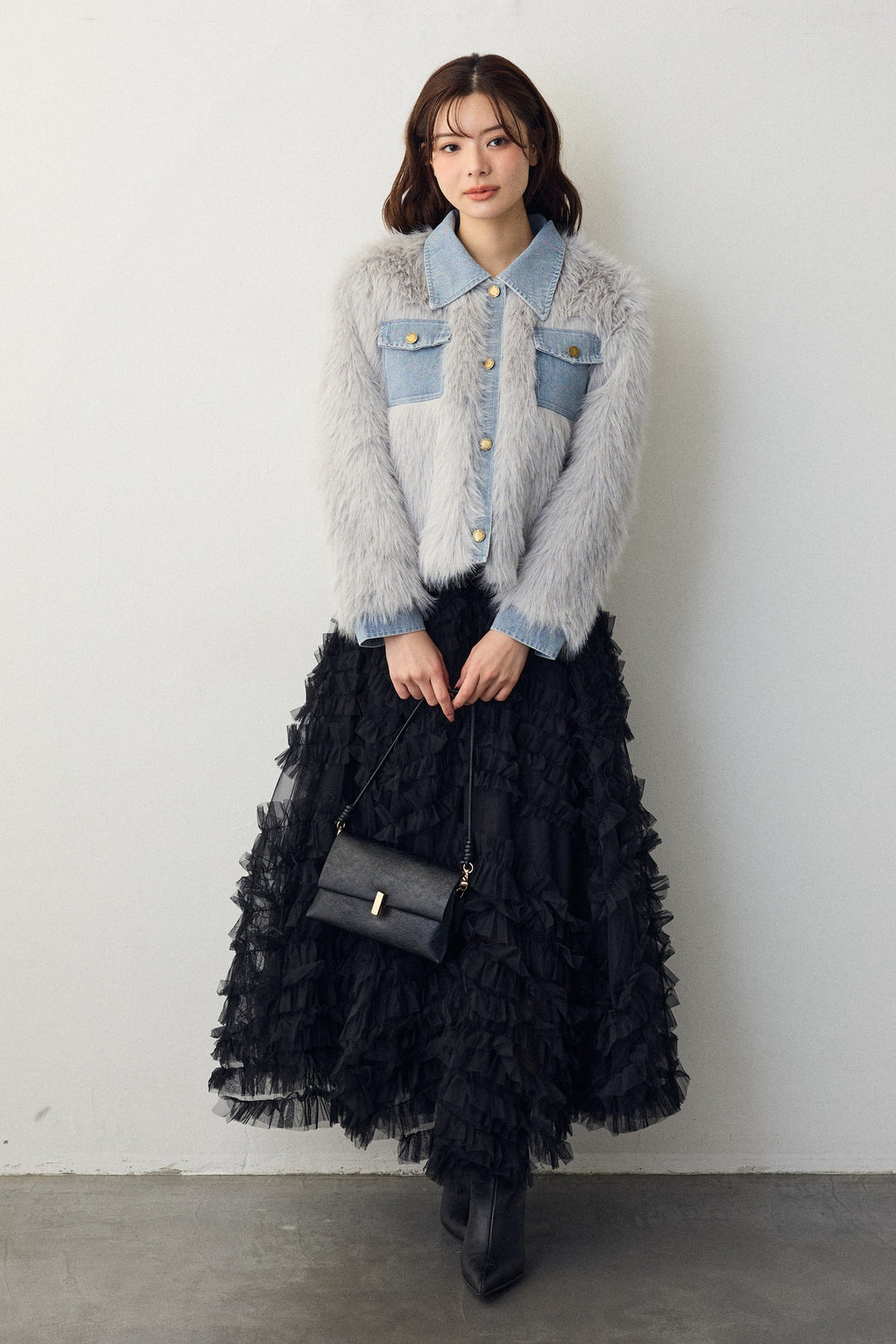 [予約/SET]デニムシャツドッキングファージャケット+スフレアシメチュールスカート(2set)