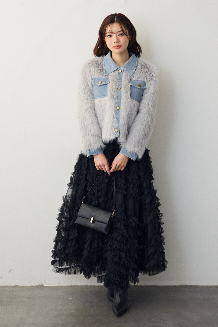 [予約/SET]デニムシャツドッキングファージャケット+スフレアシメチュールスカート(2set)