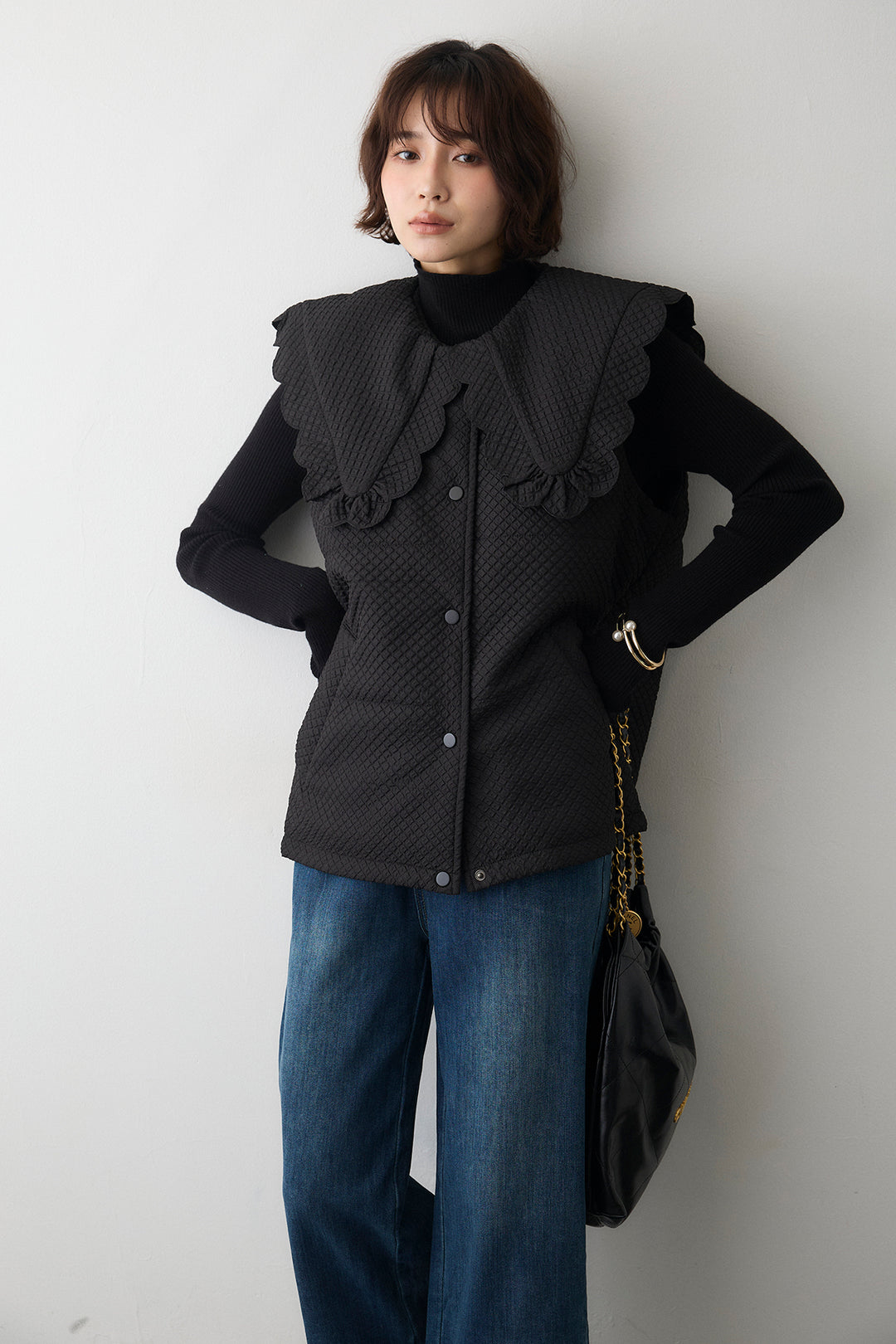 [予約/SET]スカラップBIGカラーベスト+フリルヘムデニムパンツ(2set)