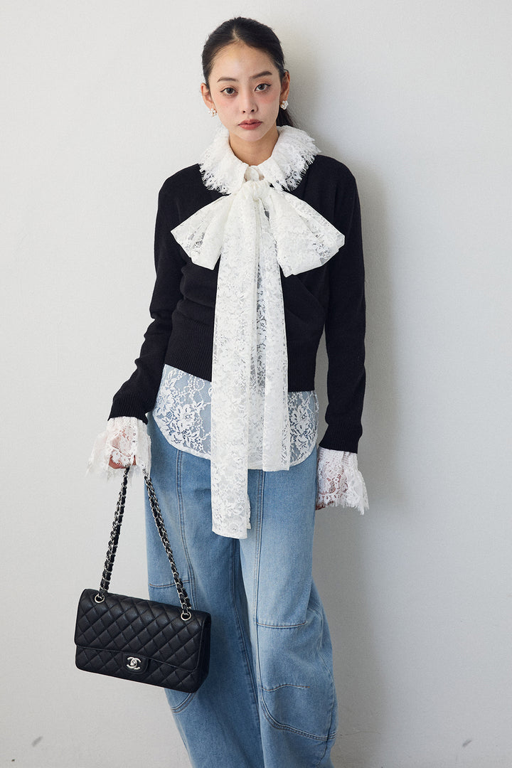 [予約/SET]クラシカルレースボウタイブラウス+カシュクールデザインニット(2set)