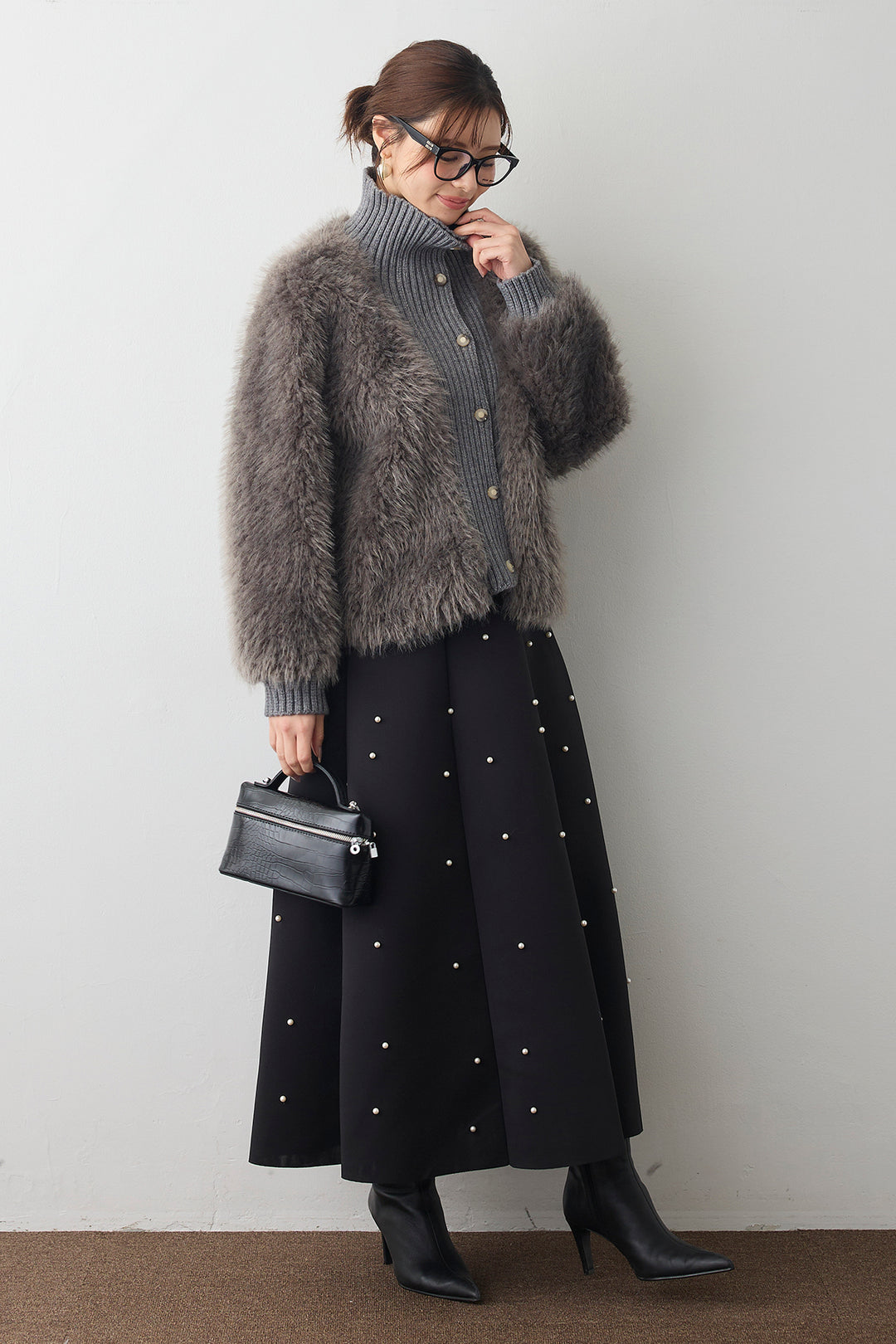 [予約/SET]シャギーファー×リブニットミックスジャケット+マルチパターンボンディングフレアスカート(2set)