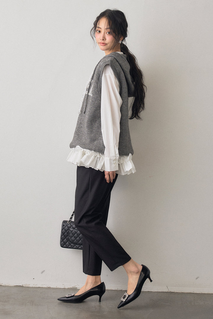 [予約/SET]パネルフレアヘムシャツ+レースリボンロゴフードスリーブレスニット+タックテーパードパンツ(3set)