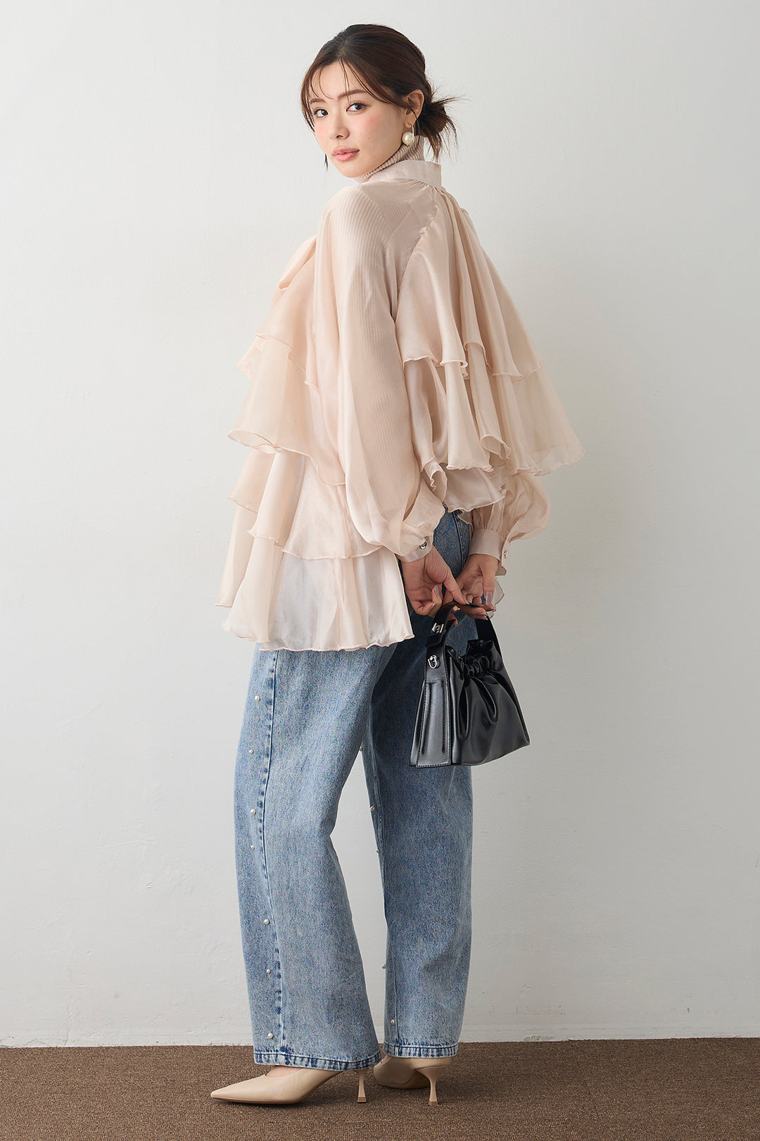 [予約/SET]フロントBIGリボンティアードエアリーチュニック+パールスタッズストレートハイウエストデニム(2set)