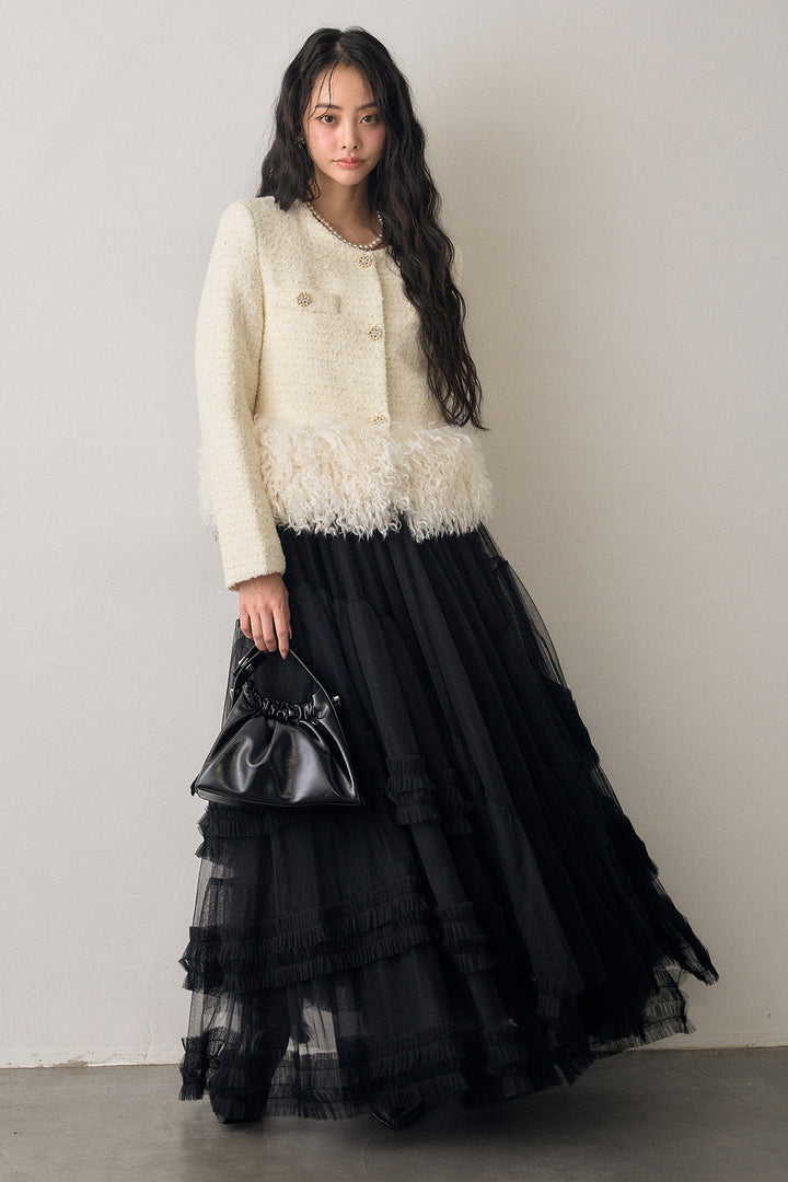 [予約/SET]中綿ツイードロングファードッキングジャケット+フェアリードレープチュールスカート(2set)
