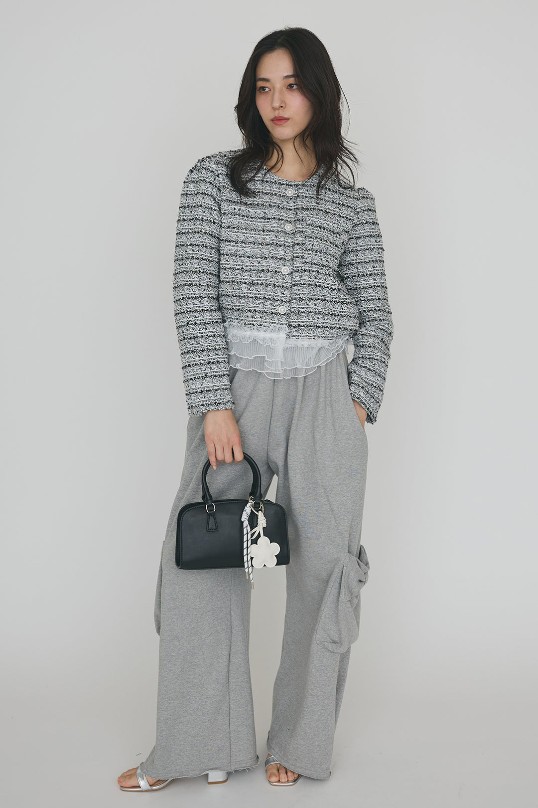 [予約/SET]プリーツフリルヘムライトツイードジャケット+ライトスウェットサイドリボンパンツ(2set)