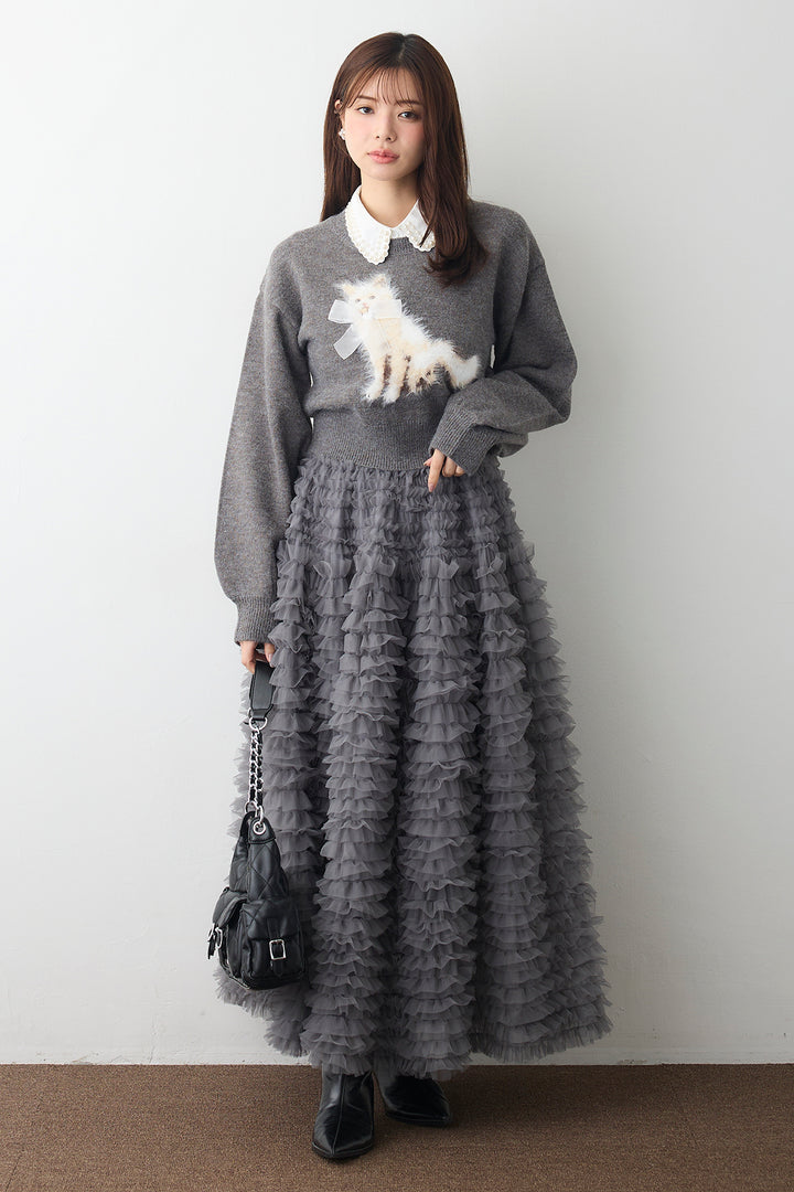 [予約/SET]2連パール付け襟+シャギーリボンキャットモチーフニットPO+ホイップチュールティアードスカート(3set)