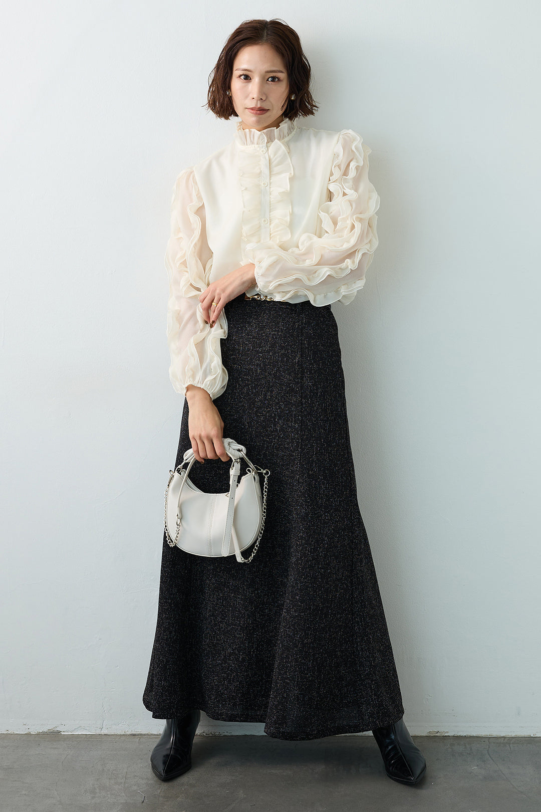 [予約/SET]エアリーフリルブラウス+スラブネップツイードフレアスカート(2set)