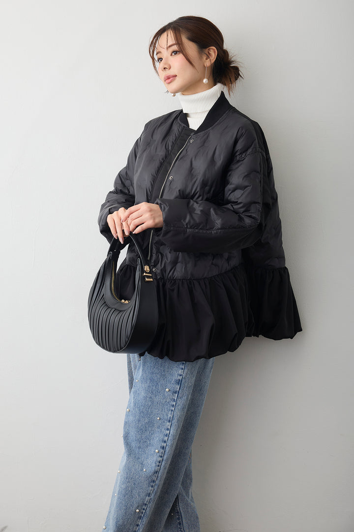 [予約/SET]ベーシックリブタートルニット+ヘムギャザードットキルティング中綿フレアコート+パールスタッズストレートハイウエストデニム(3set)