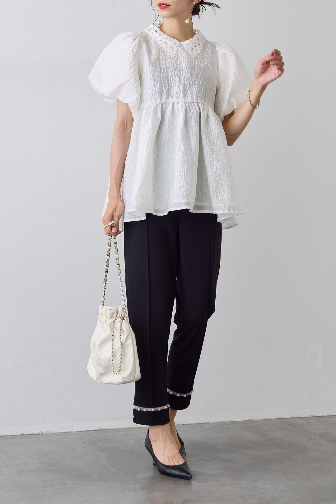 [予約/SET]レース襟パフスリーブワッシャーブラウス+シアーパールヘムテーパードパンツ(2set)