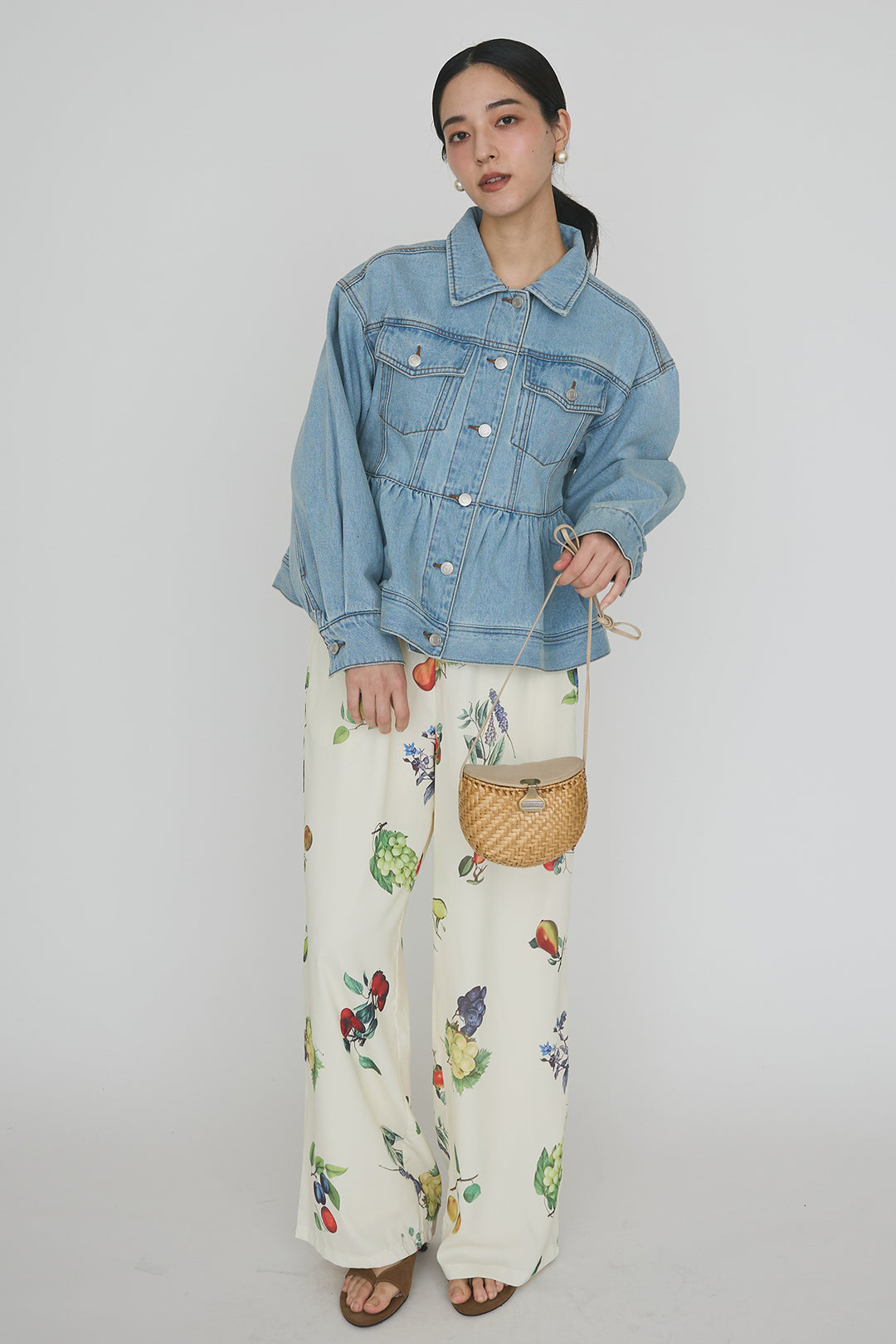[予約/SET]ペプラムデニムジャケット+フルーツパターンストレートパンツ(2set)
