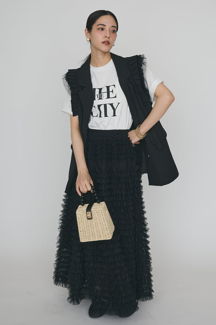 [予約/SET]ThecityロゴTシャツ+フリルショルダーテーラーマニッシュベスト+ホイップチュールティアードスカート(3set)