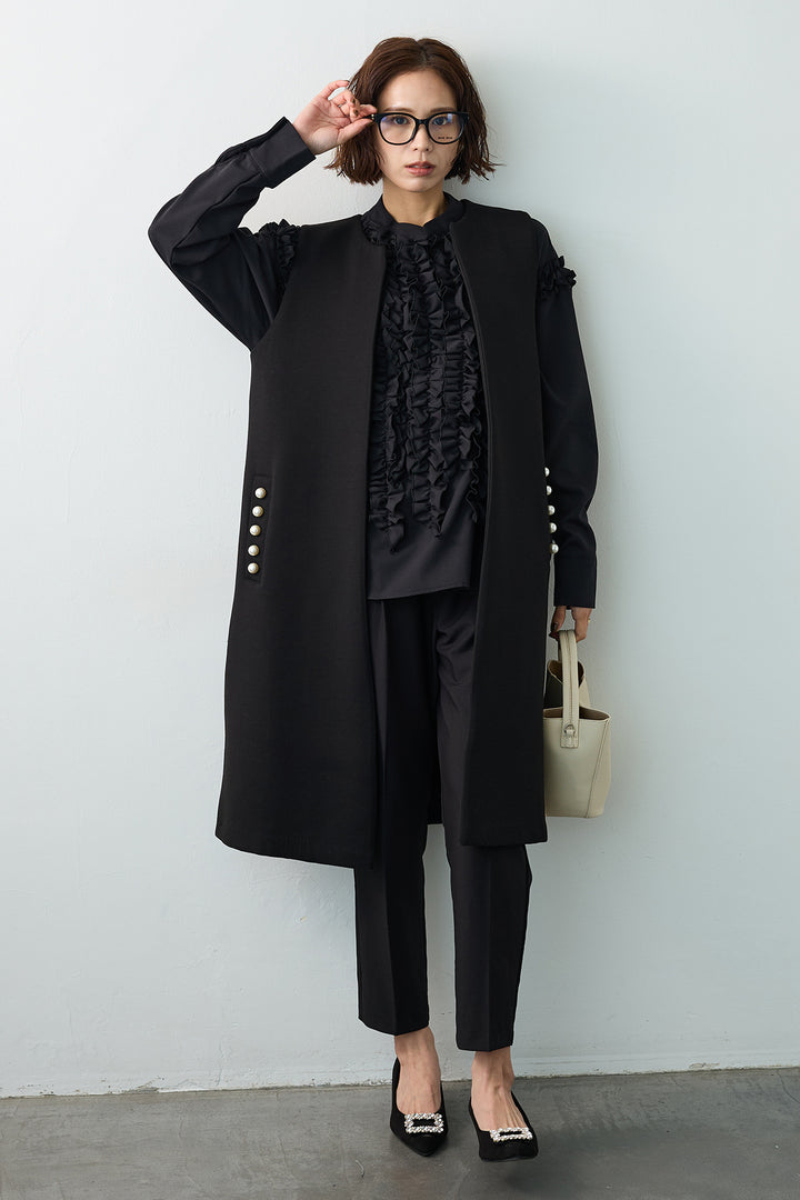 [予約/SET]Iラインフリルホイップブラウス+ポケットパール付きボンディングロングベスト(2set)