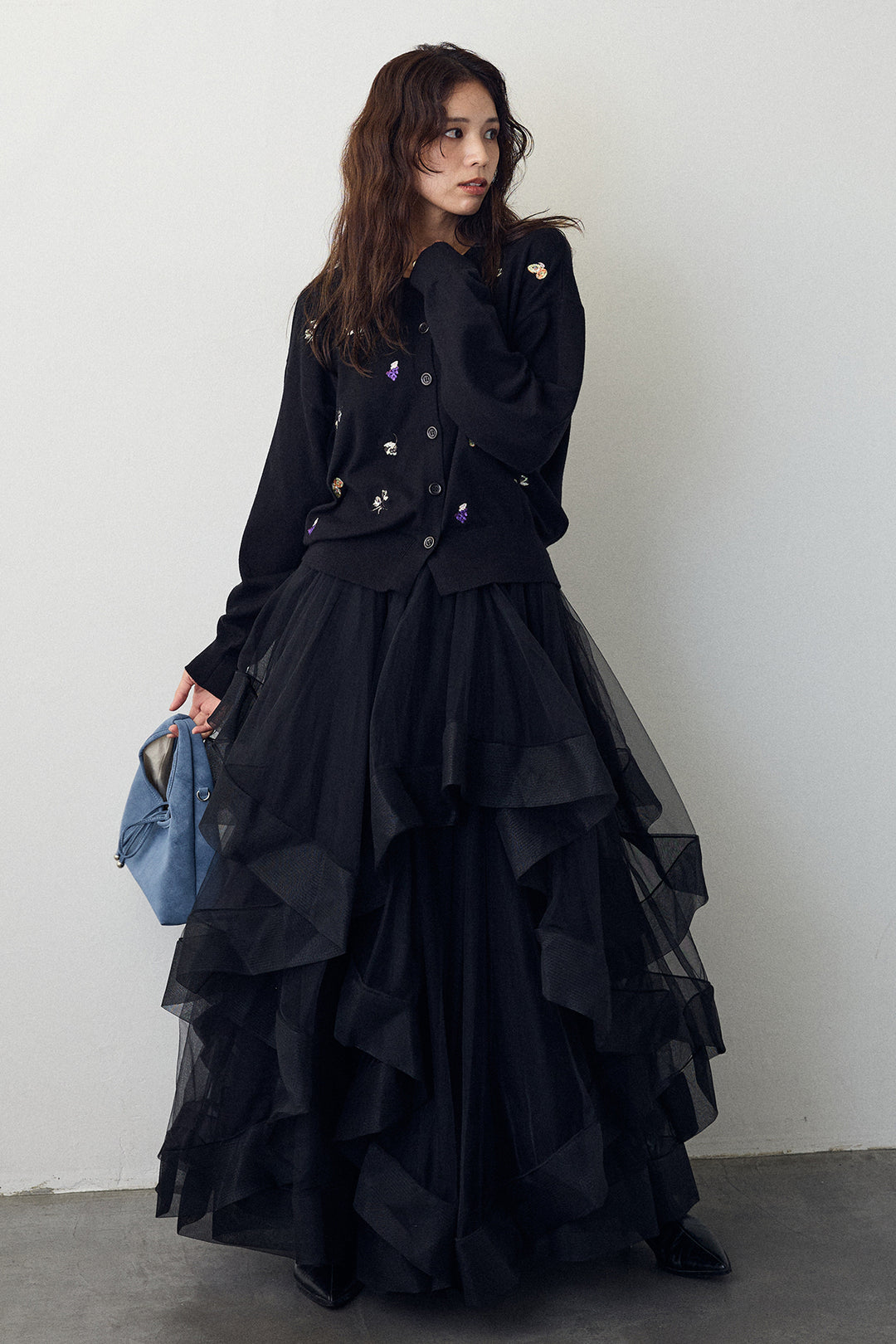 [予約/SET]フルーツフラワー刺繍ニットカーデ+ランダムフリルティアードボリュームスカート(2set)