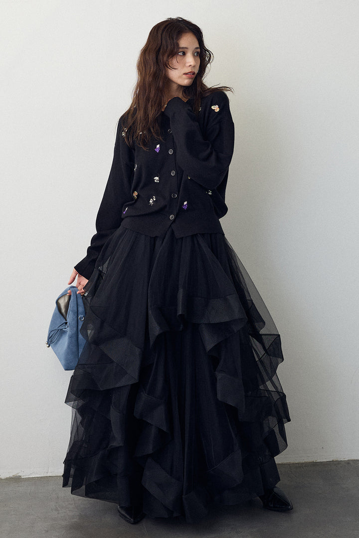 [予約/SET]フルーツフラワー刺繍ニットカーデ+ランダムフリルティアードボリュームスカート(2set)