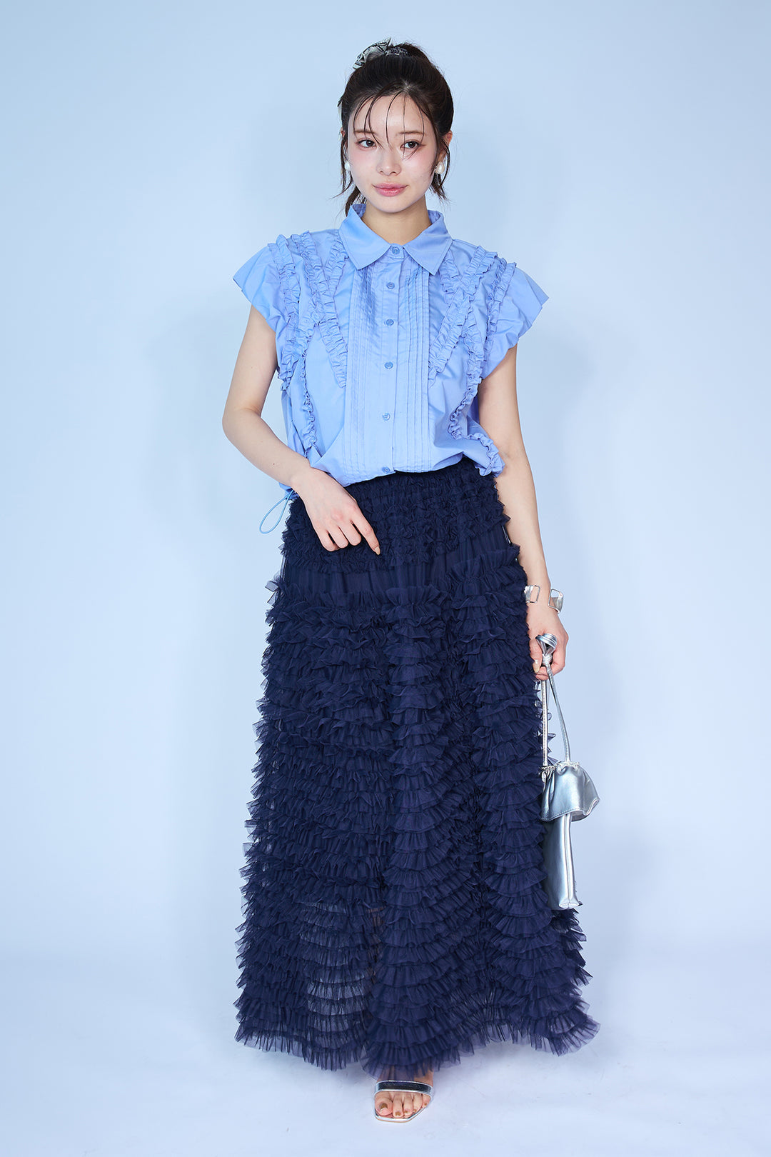 [予約/SET]ミックスフリルピンタックサイドドロストブラウス+ホイップチュールティアードスカート(2set)