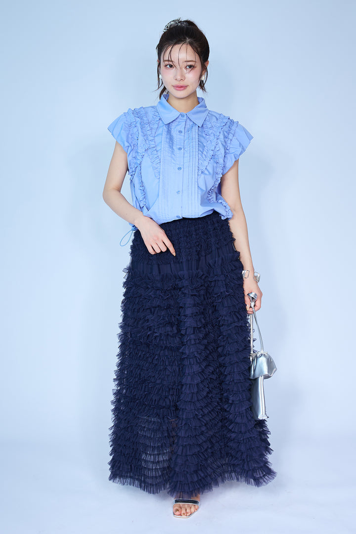 [予約/SET]ミックスフリルピンタックサイドドロストブラウス+ホイップチュールティアードスカート(2set)