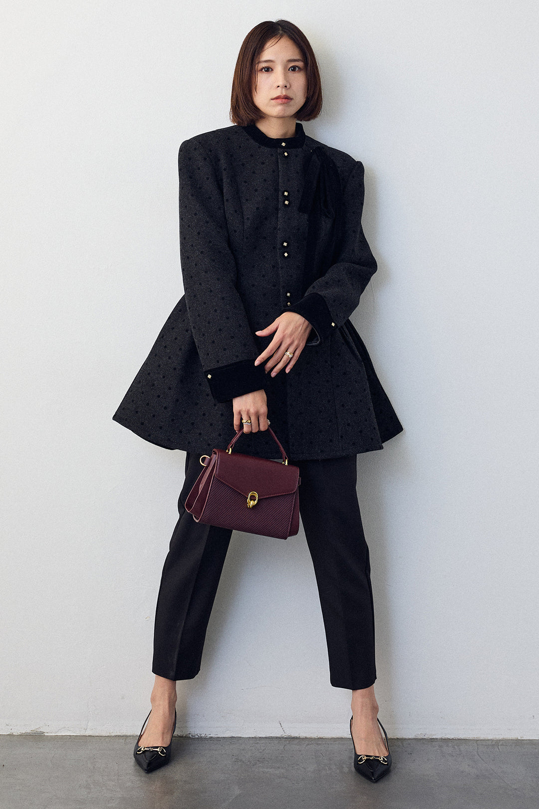 [予約/SET]クラシカルウエストシェイプフレアコート+タックテーパードパンツ(2set)