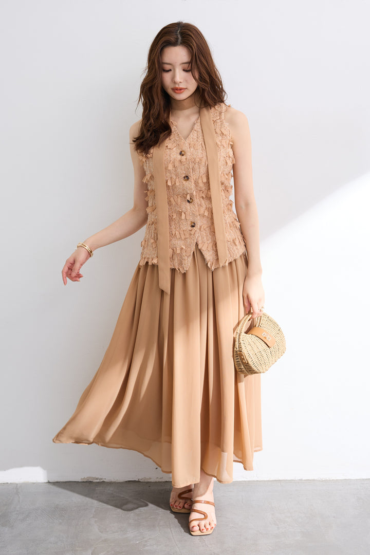 [予約]リボンフリンジベスト＆シフォンスカートセットアップ