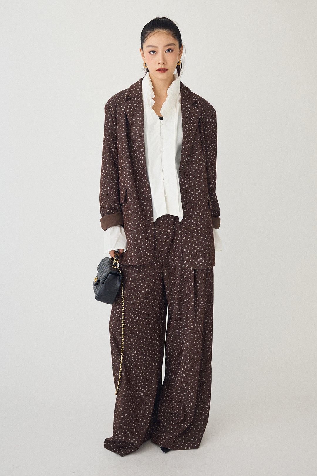 [予約/SET]ダブルプリーツカラーブラウス+ヴィンテージフラワー柄セットアップ(2set)