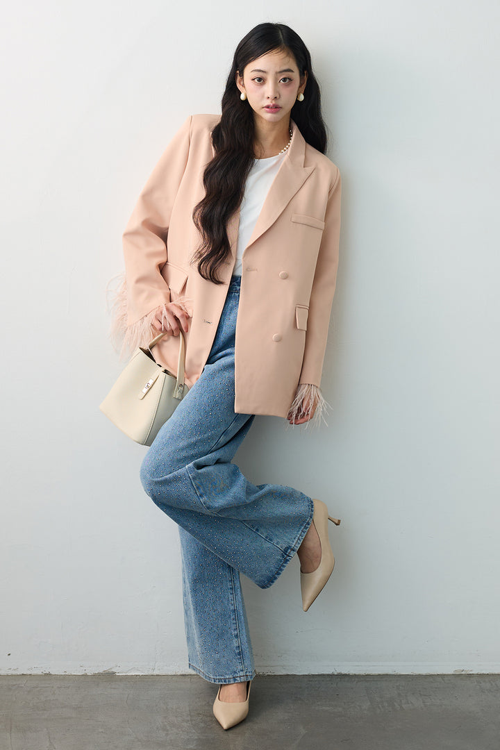 [予約/SET]エアリーファザーレディライクジャケット+ラインストーンストレートデニム(2set)