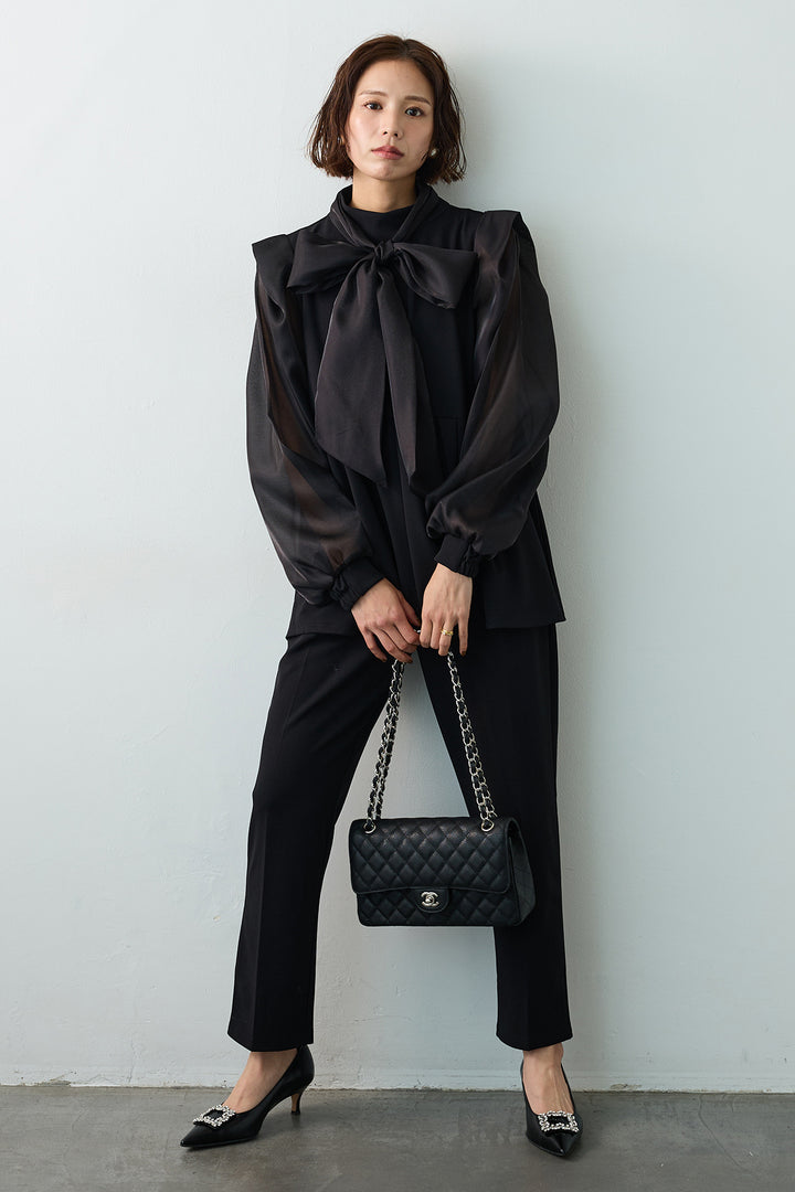 [予約/SET]シアーリボン異素材ドッキングペプラムブラウス+スリムテーパードパンツ(2set)