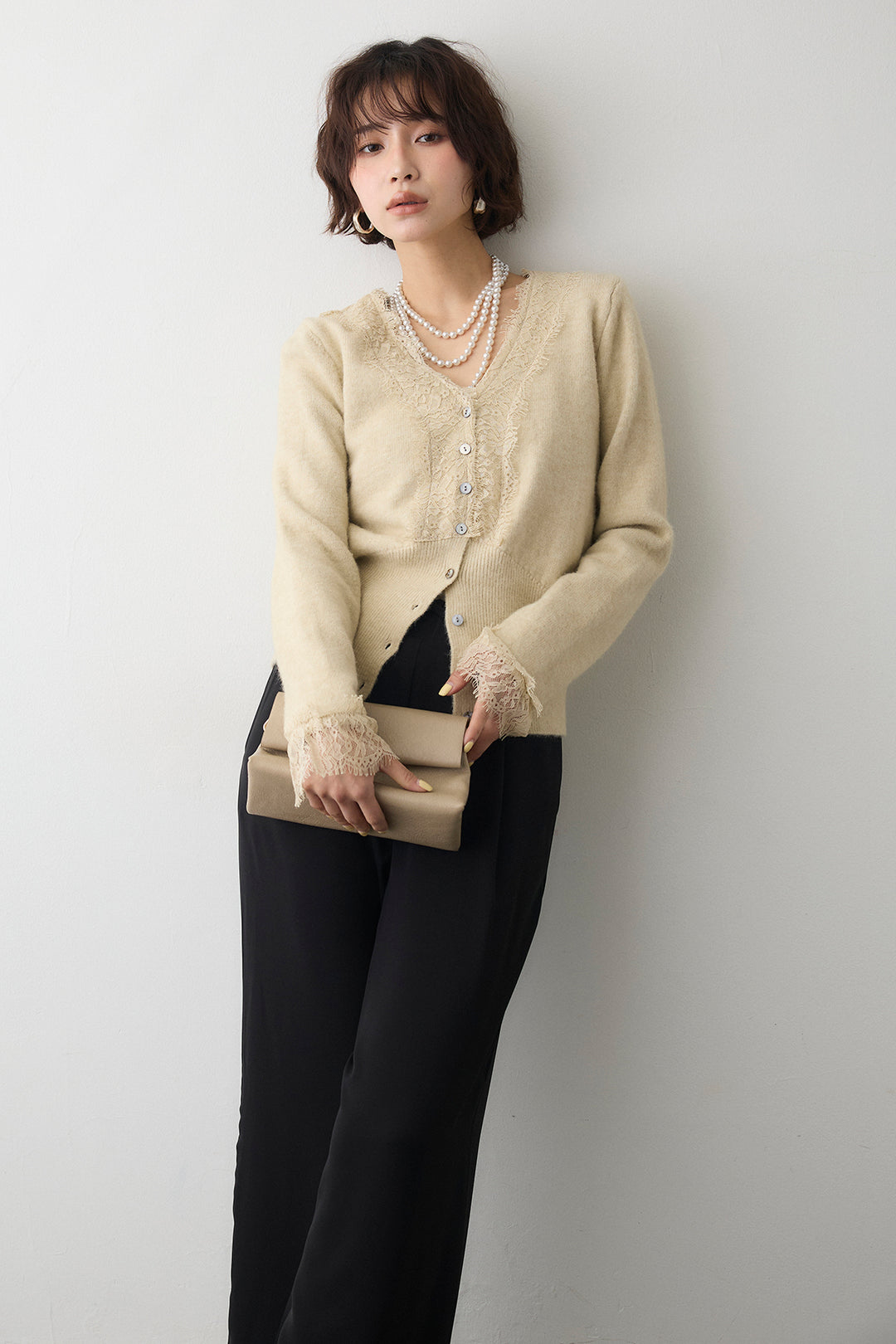 [予約/SET]レースVラインボタンニット+とろみドロストワイドパンツ(2set)