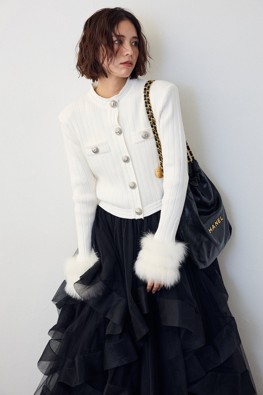 [予約]ダブルファーラインスリーブニットカーデ