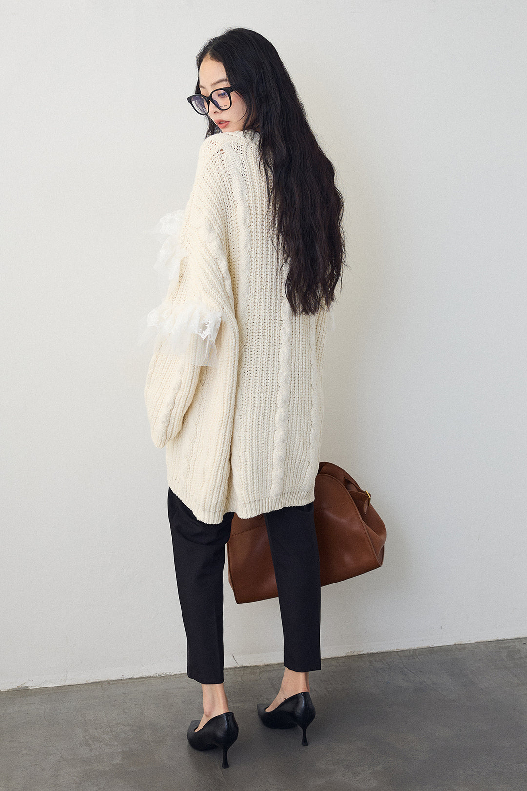 [予約/SET]ラッフルレースドッキングニットBIGカーデ+タックテーパードパンツ(2set)