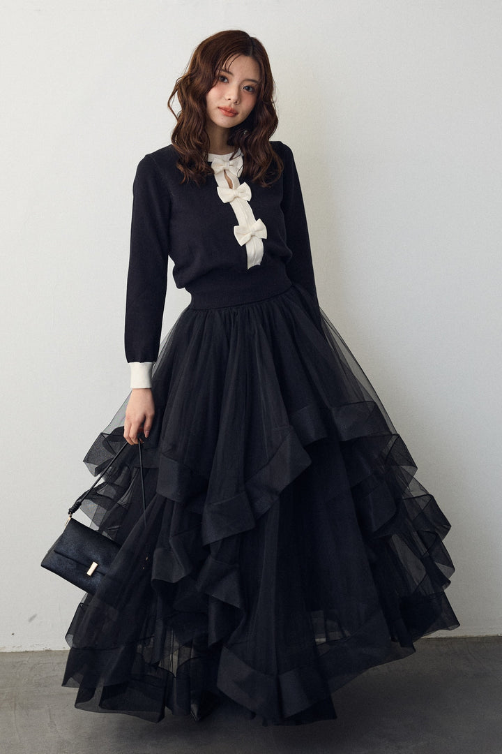 [予約/SET]フロントリボンモチーフカーデ+ランダムフリルティアードボリュームスカート(2set)
