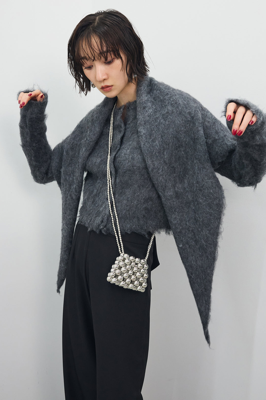 [予約/SET]モヘアタッチクロップドニットカーデ+モヘアタッチトライアングルスカーフ+バックリボンストレートパンツ(3set)