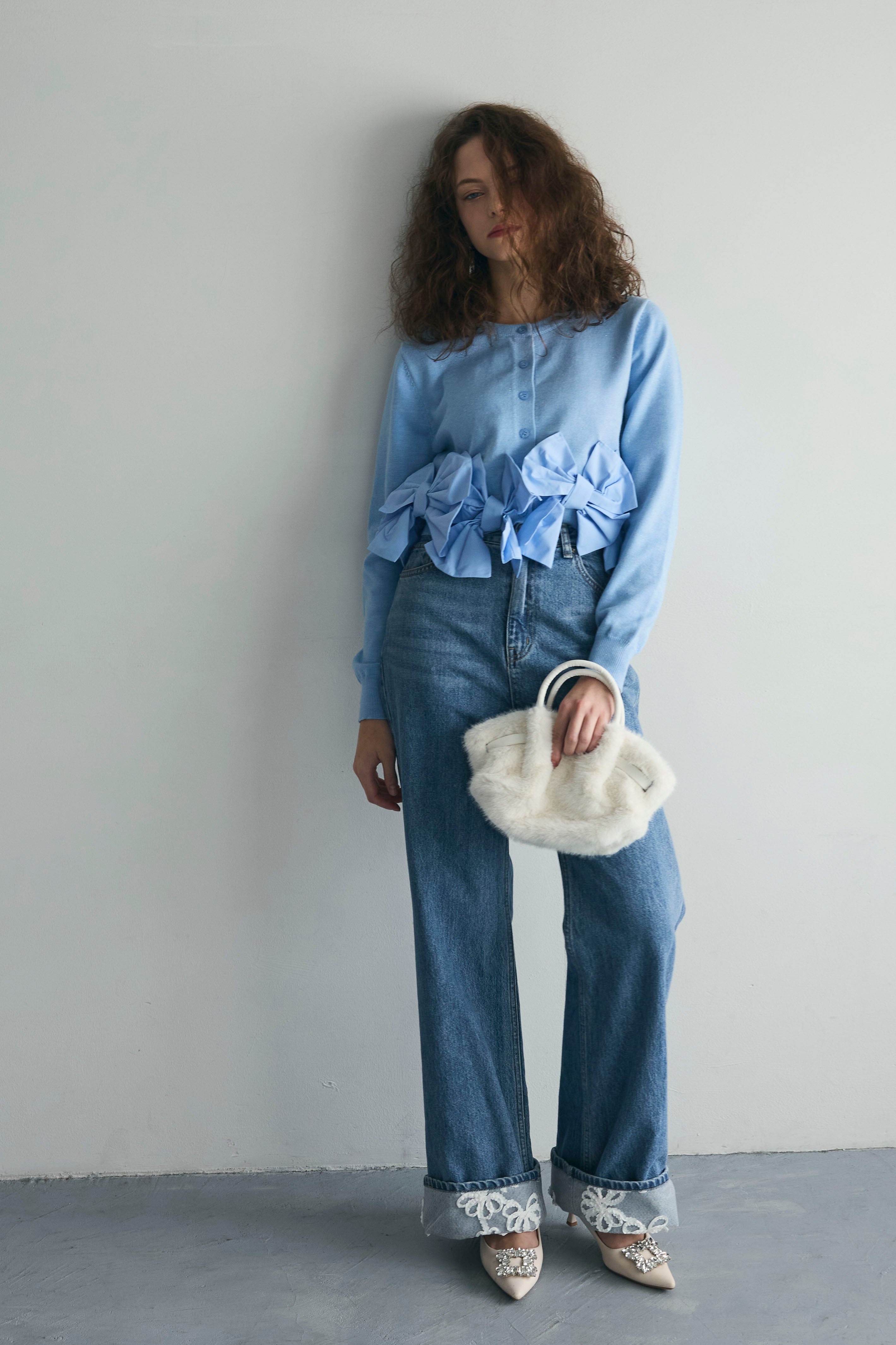 予約/SET]ヘムリボンデザインショートカーデ+コードレースロールアップ