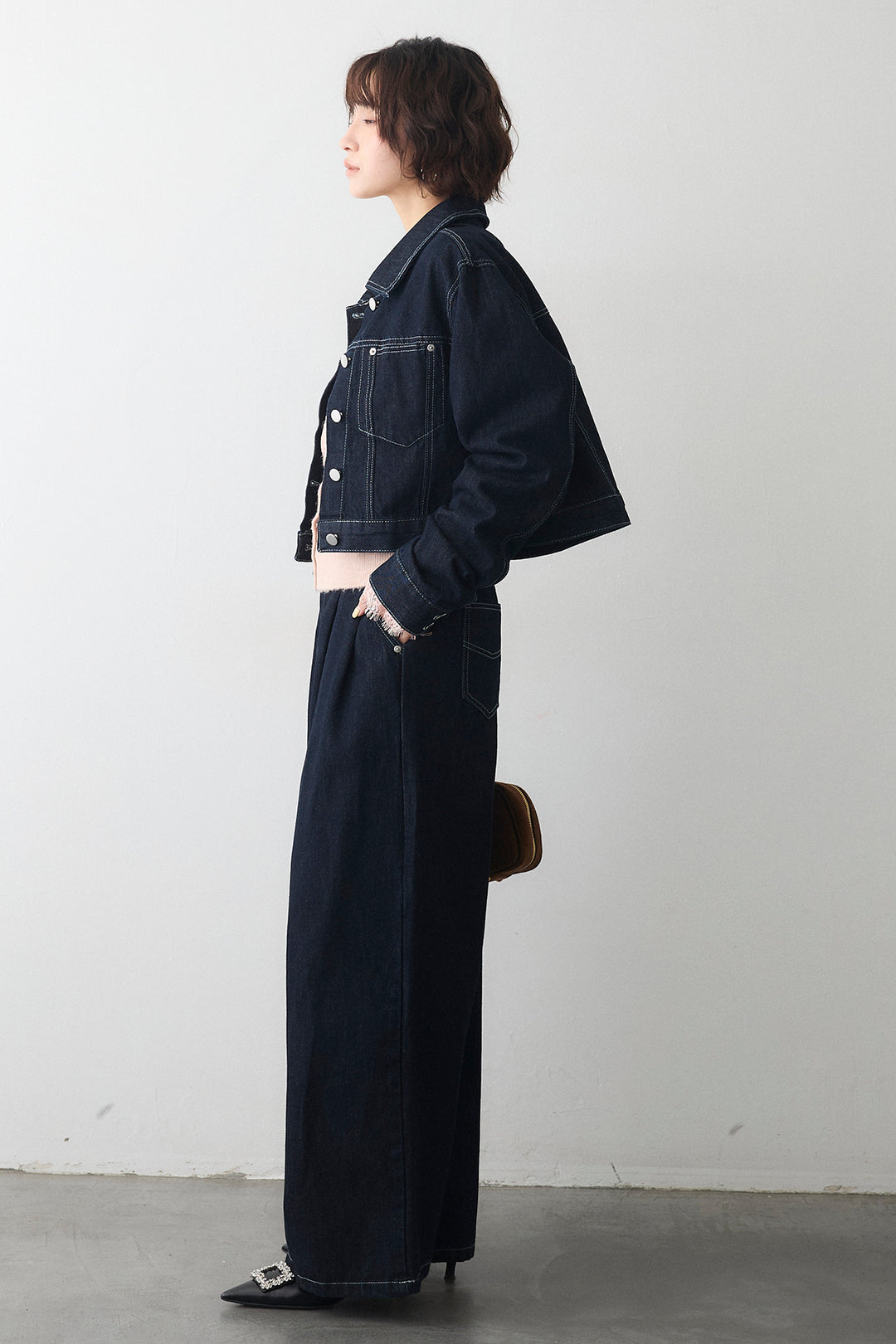 [予約/SET]レースVラインボタンニット+クロップドデニムセットアップ(2set)