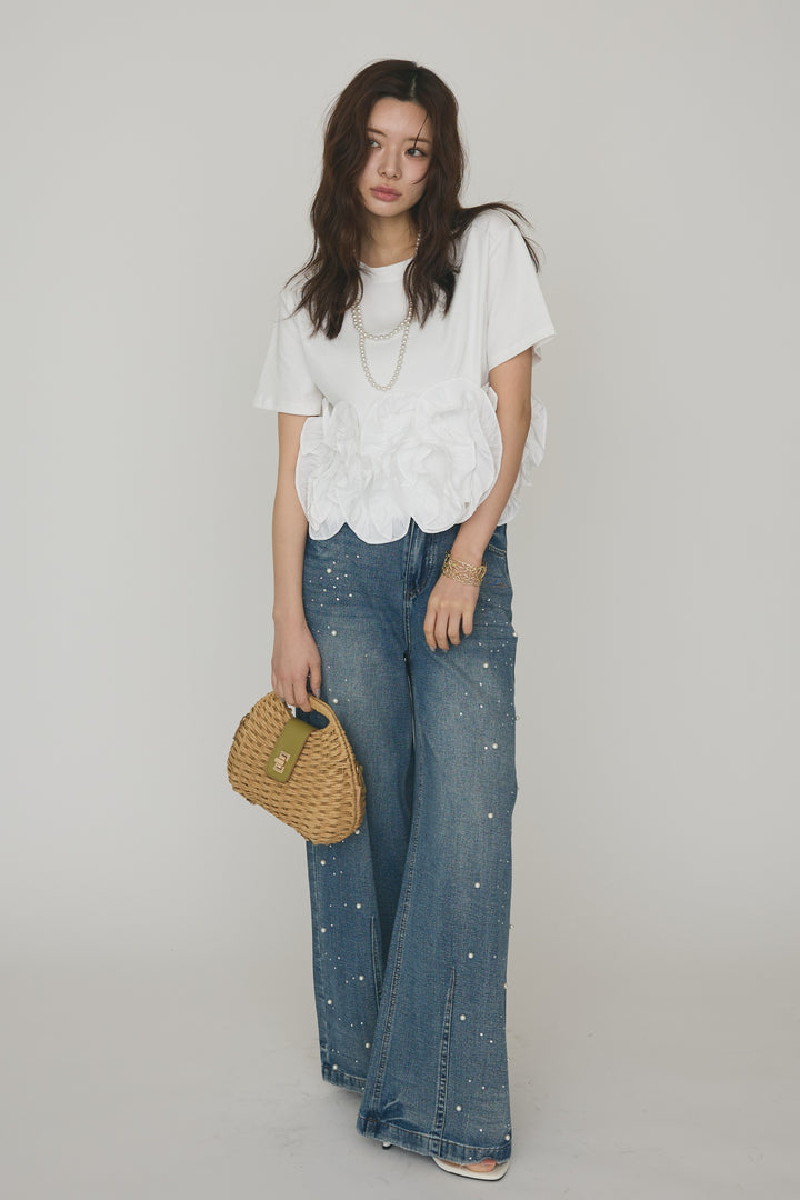[予約/SET]フリルウェーブヘムカットTシャツ+パールラインストーンハイウエストデニム(2set)