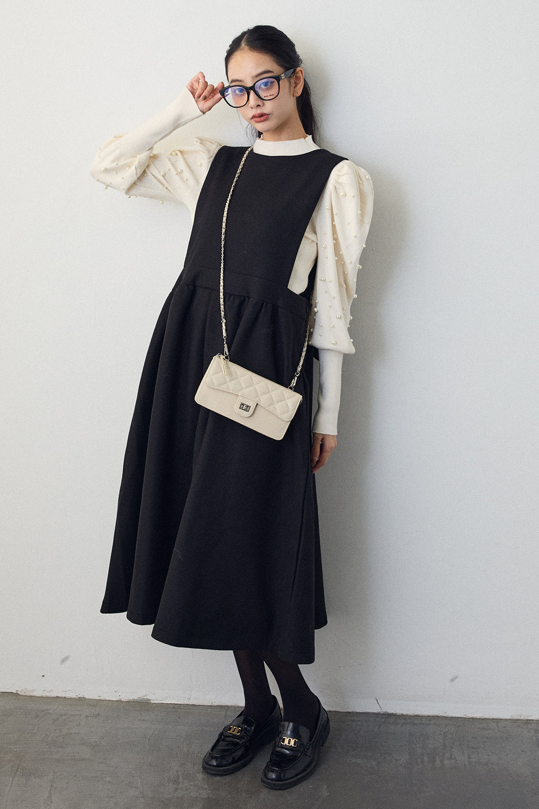 [予約/SET]パフスリーブランダムパールニット+バックリボンボックスシルエットジャンスカ(2set)