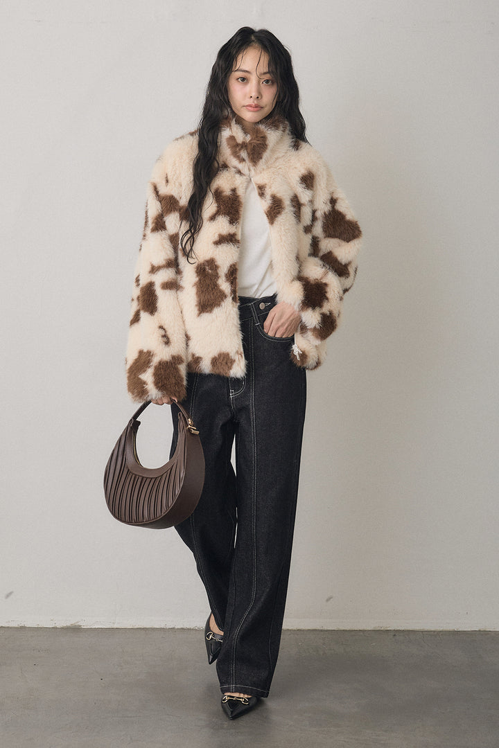 [予約/SET]COW柄スタンドファーライクコート+ウエストアシメデニムパンツ(2set)