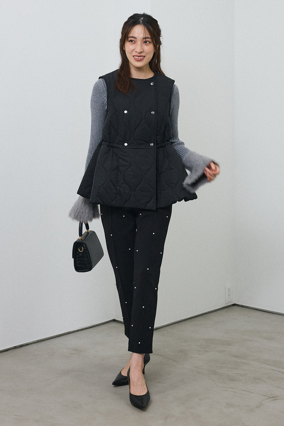 [予約/SET]フェザー切替スリーブフレアニット+キルティングフレアシルエットベスト(2set)