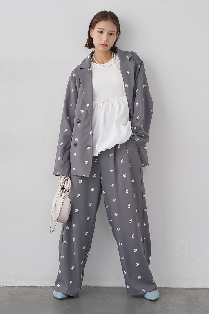 [予約/SET]フラワー刺繍ツイルテーラードジャケット+フラワー刺繍ツイルストレートパンツ(2set)