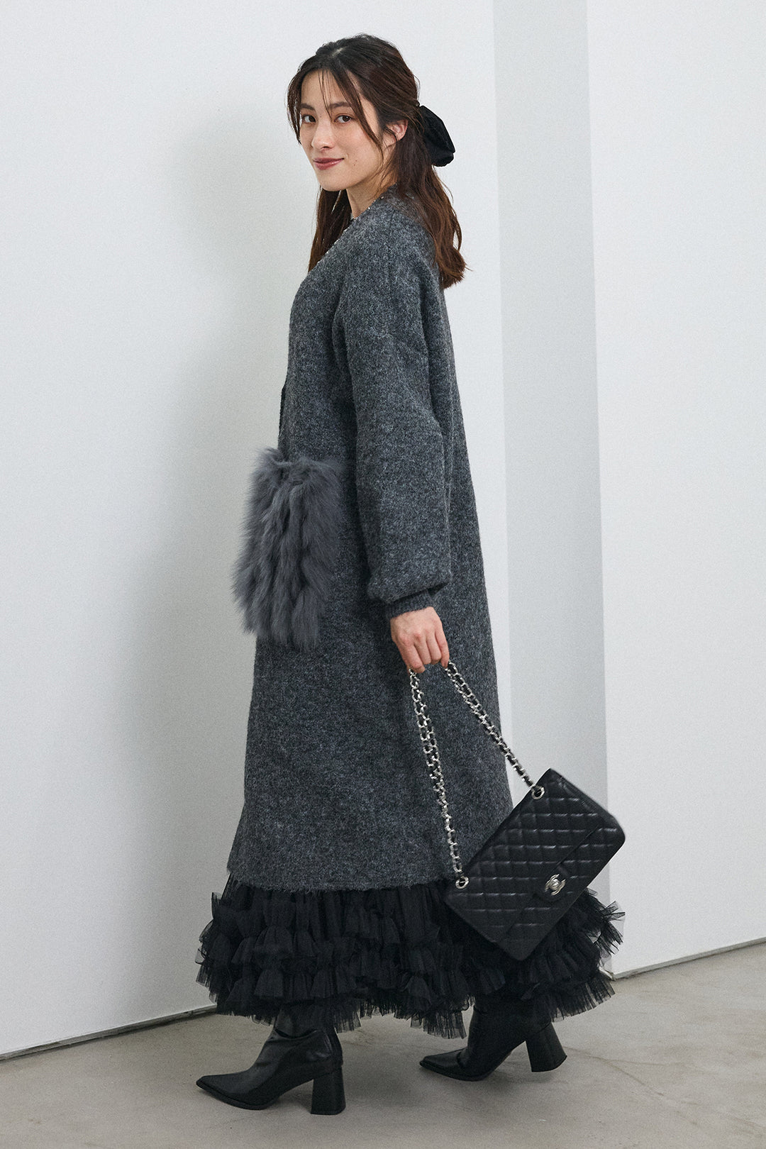 [予約/SET]ファーポケットロングニットカーデ+スウィートチュールフリルスカート(2set)