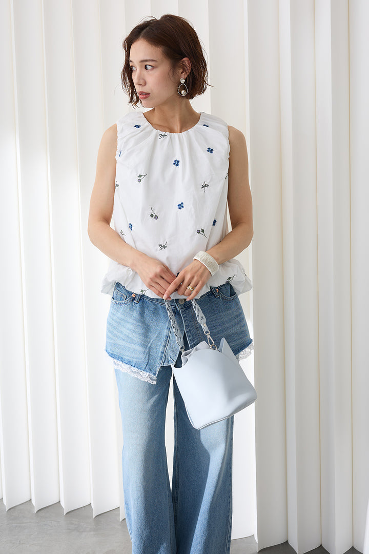 [予約/SET]刺繍ローンバルーンヘムブラウス+レースヘムエプロン付きデニムパンツ(2set)
