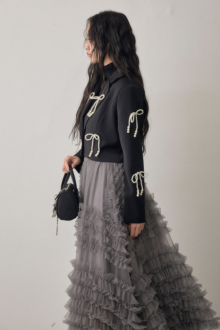 [予約/SET]パールリボンクロップドジャケット+スフレアシメチュールスカート(2set)