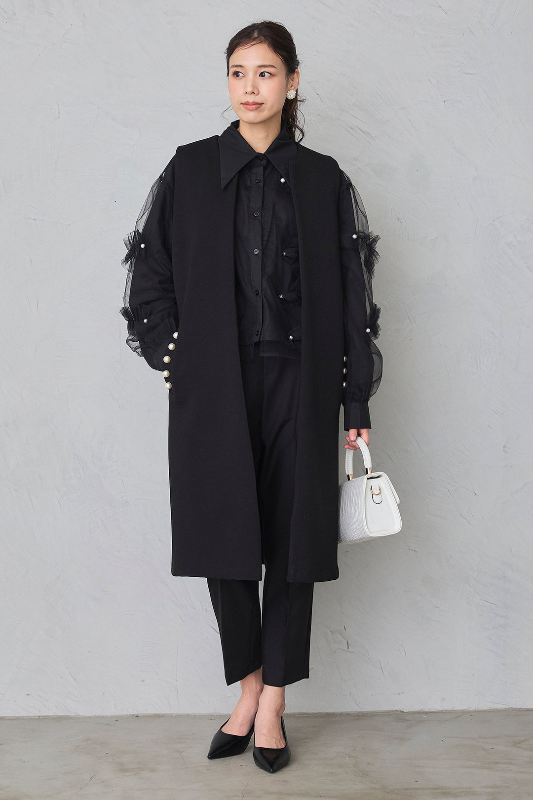 [予約/SET]チュールレイヤードパールシャツ+タックテーパードパンツ(2set)