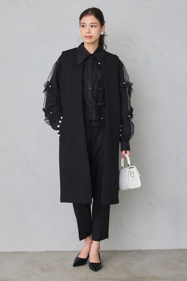 [予約/SET]チュールレイヤードパールシャツ+タックテーパードパンツ(2set)