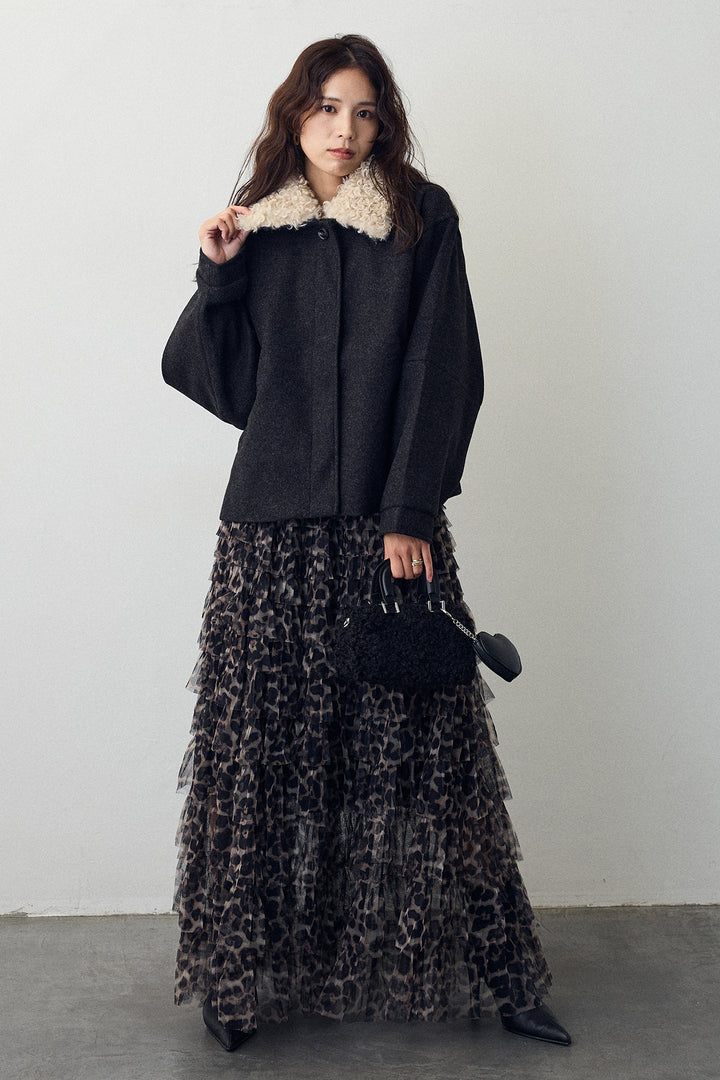 [予約/SET]プードル襟2wayコート+レオパードチュールティアードスカート(2set)