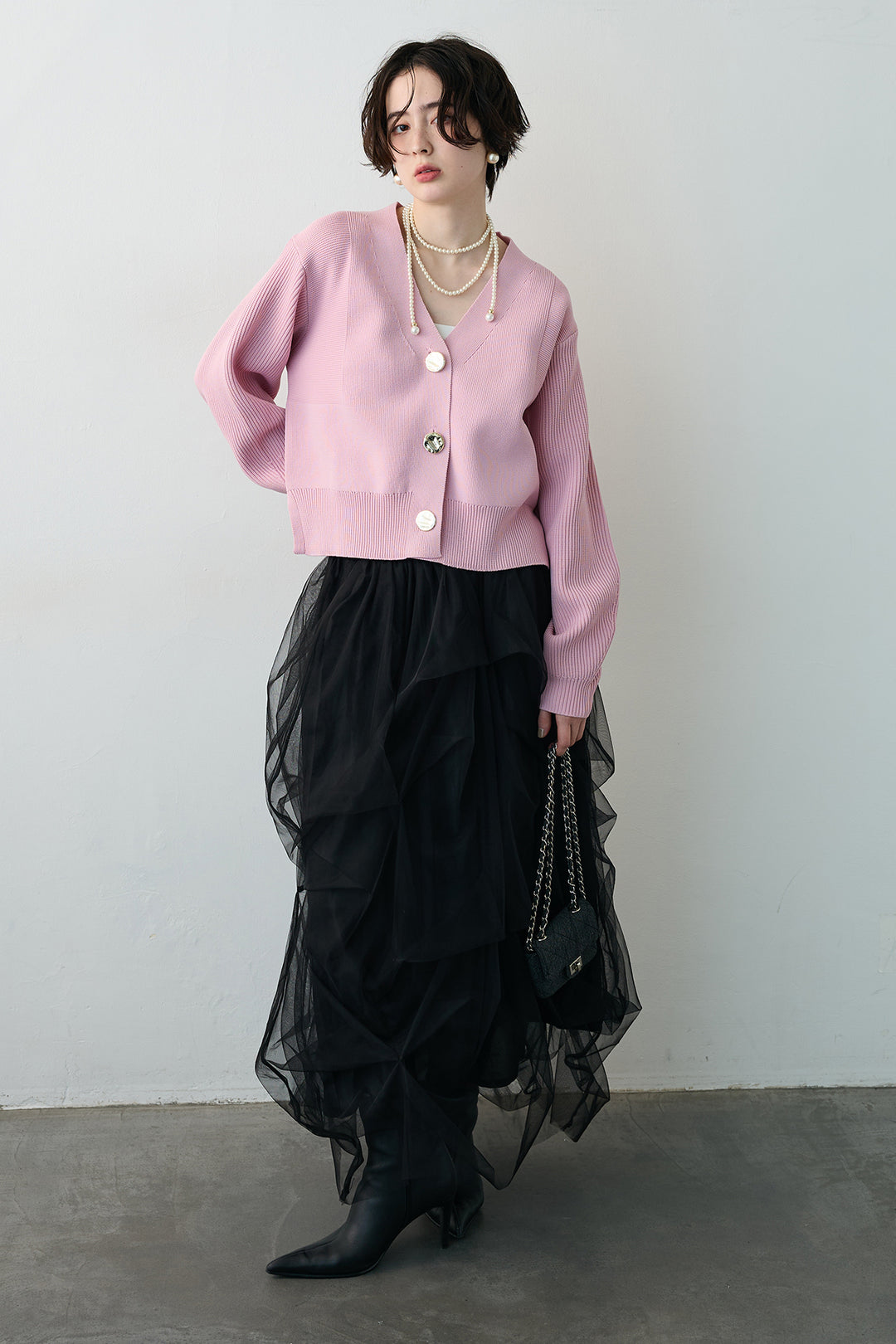 [予約/SET]スポンディッシュBIGボタンクロップドカーデ+マルチパターンタックチュールスカート(2set)