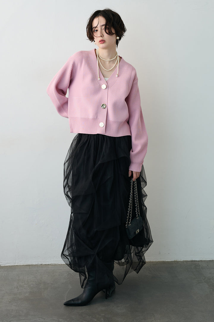 [予約/SET]スポンディッシュBIGボタンクロップドカーデ+マルチパターンタックチュールスカート(2set)