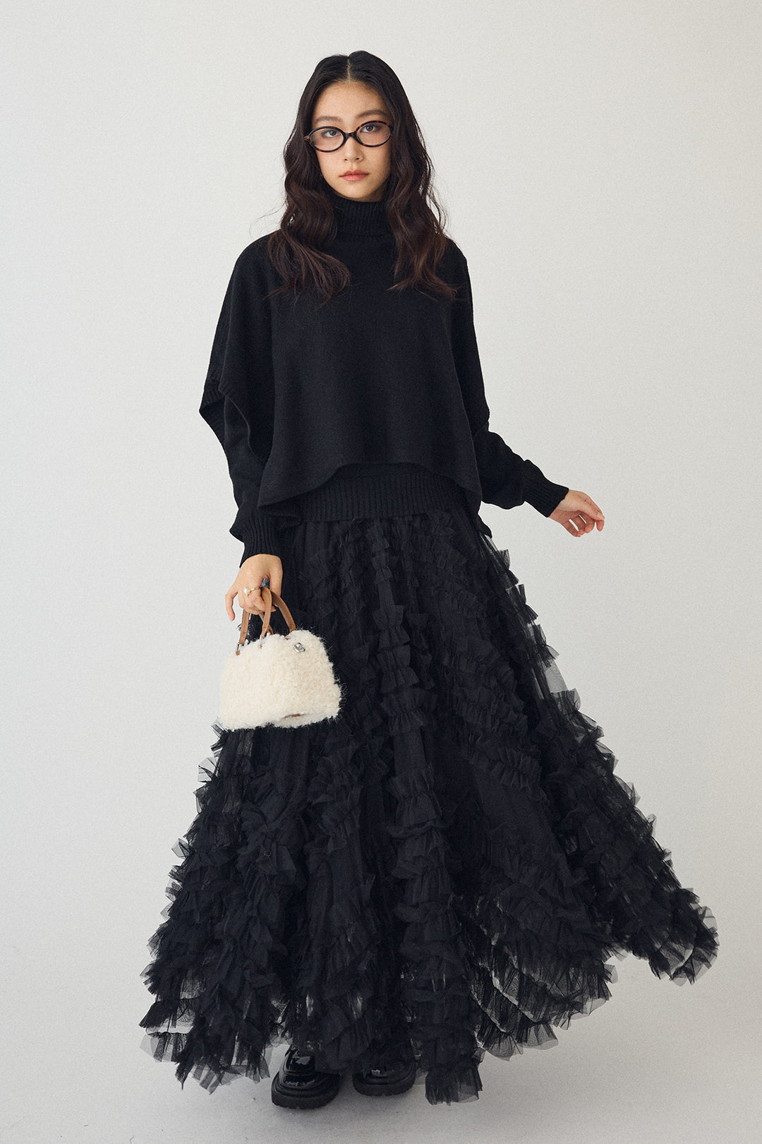 [予約/SET]アシメケープ2wayニット+スフレアシメチュールスカート(2set)