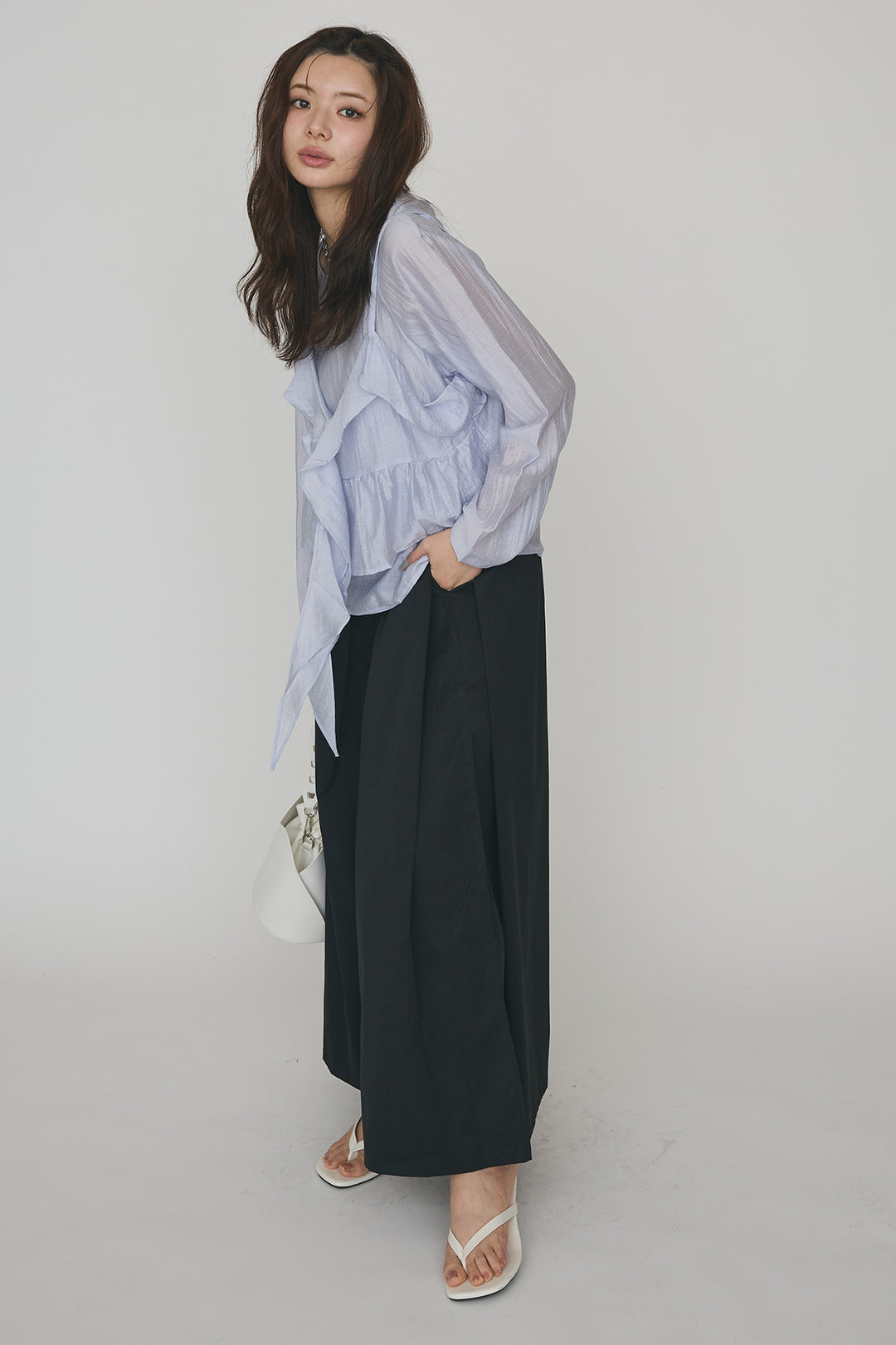 [予約/SET]ドレープフリルシアーレーヤードトップス+フロントサイドタックワイドパンツ(2set)