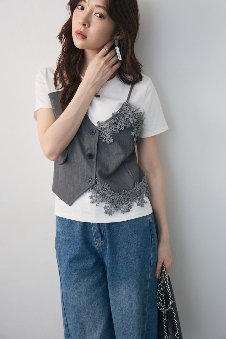 [予約/SET]ジレドッキングデザインTシャツ+ロールアップワイド美ラインデニムパンツ(2set)